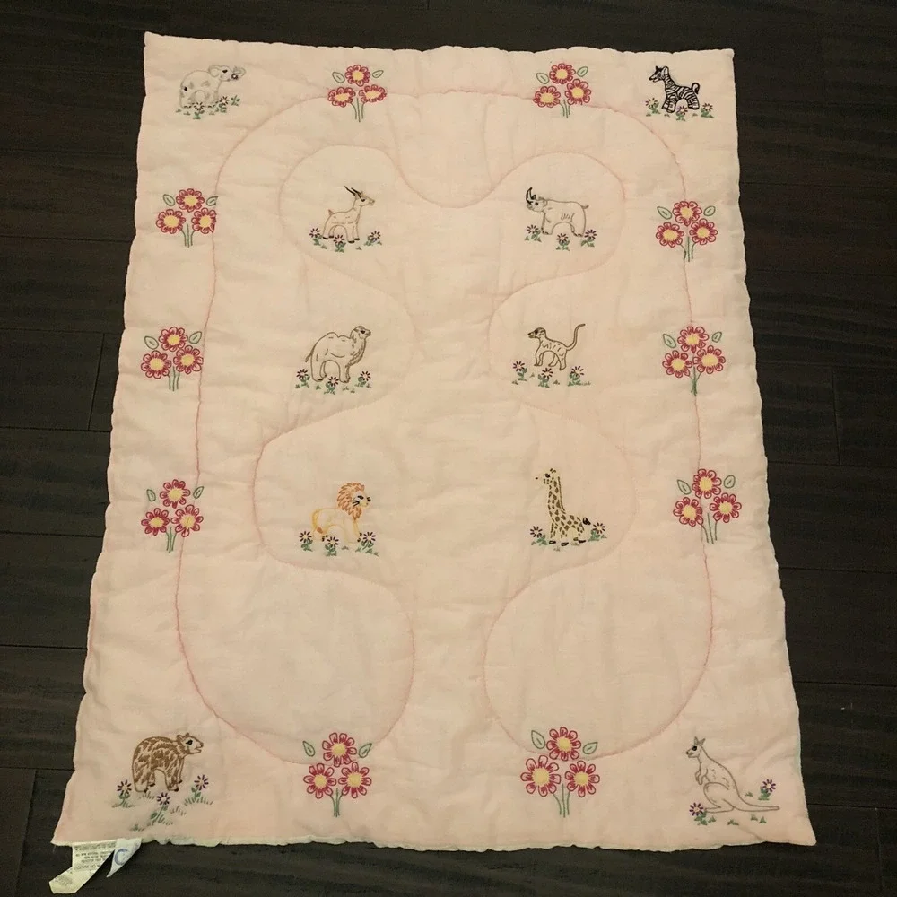 Hand Crochet Baby Blanket Comforter Gerber Animals Flowers Pink 30x40 Vintage